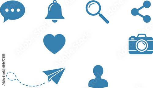Social media and communication icons set with chat notification search share camera and user symbols for mobile apps and interfaces