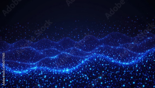 Glowing blue particle waves ripple across a dark background, creating a mysterious, futuristic digital landscape of shimmering points and flowing curves