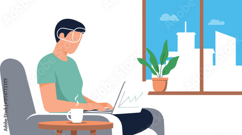 Remote work freelancer using laptop with data analytics chart at home office workspace