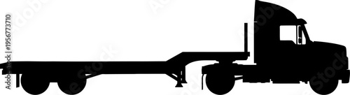 Semi truck pulling empty flatbed trailer silhouette