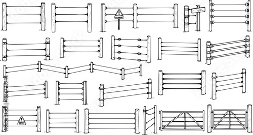 Diverse Fences  Gates: Hand-Drawn Outline Sketch Collection Featuring Wooden Posts, Rails, Wire, Electric Fences, Warning Signs  Metal Gates for Boundaries