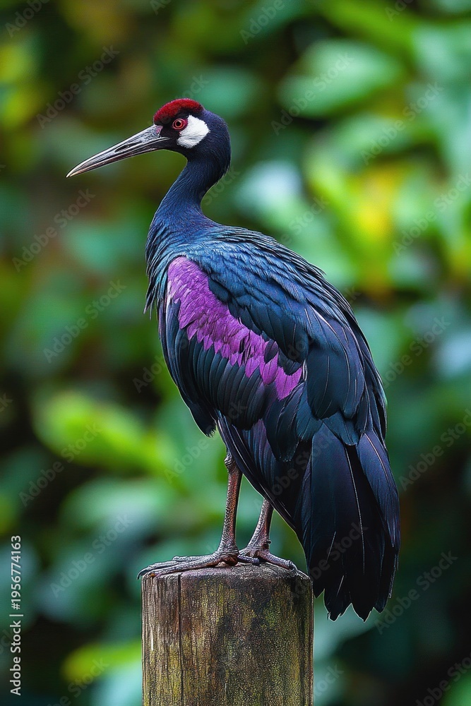 Obraz premium Regal dark-feathered crane with iridescent blue and purple plumage perched on a weathered wooden post, calm and watchful against soft green foliage
