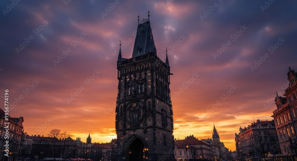 Fototapeta premium Powder Tower in Prague at Sunset - A Gothic Masterpiece.