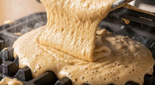 Pouring Waffle Batter onto a Hot Waffle Iron.