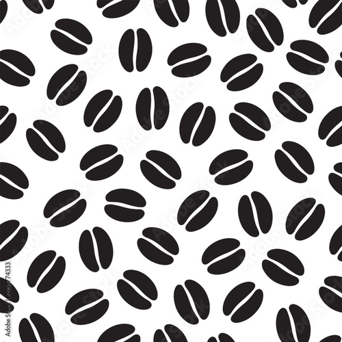 A simple black and white vector pattern featuring scattered coffee bean shapes on white background