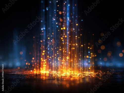 Data stream and digital transformation with an abstract visualization of information flow Glowing particles and lines on a dark background represent connectivity technology and innovation.