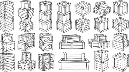 Hand-drawn collection of diverse wooden crates and storage boxes: stacked, individual, and open designs for cargo, delivery, or vintage concepts.