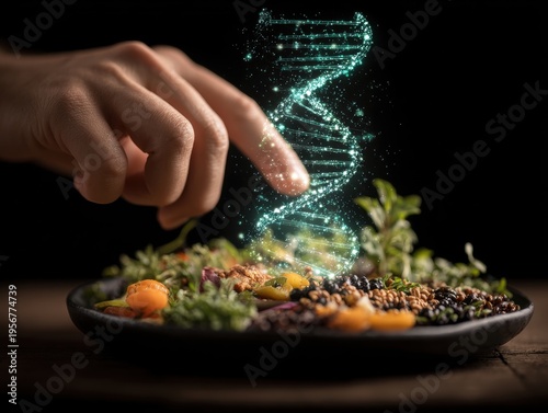 Nutrigenomics and personalized nutrition showing a hand touching a digital DNA helix above a salad representing the concept of precision diet and genetic testing for optimal health and wellness.