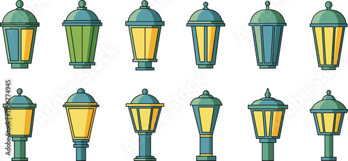 Classic Street Lamp Icon Set Vector with Vintage Lantern Designs for Urban Lighting, City Infrastructure, Outdoor Decoration, and Architectural Illustration Projects