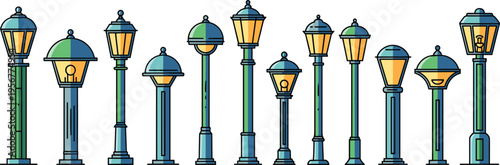Vintage Street Lamp Vector Set with Various Classic Outdoor Lantern Designs for Urban Lighting, City Decoration, Architecture Projects, and Night Illumination Graphics