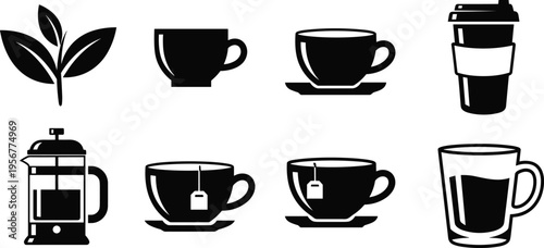 Coffee and Tea Icon Set Featuring Cups, French Press, Takeaway Mug, and Leaf Symbols for Cafe, Beverage, and Drink Vector Design