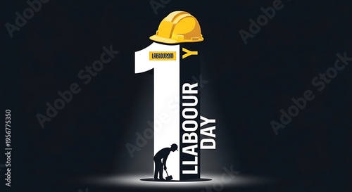 Labour day illustration with worker and hard hat on number one