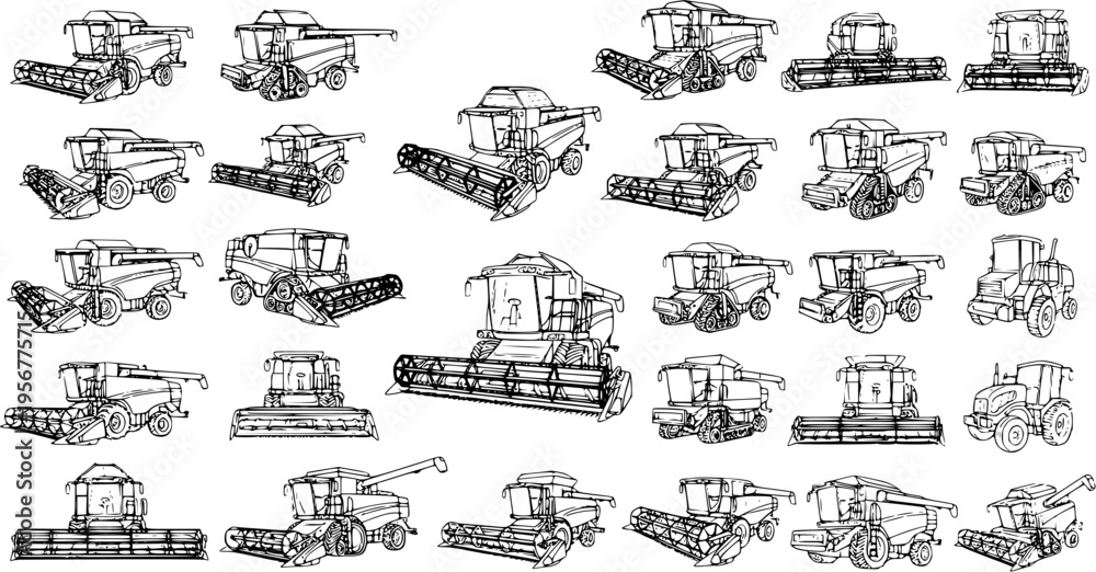 Obraz premium Farm Machines Pattern: Tractors Combines Vector Illustration
