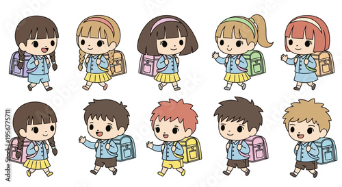Cute cartoon children in school uniforms with colorful backpacks walking, ready for their daily school journey.