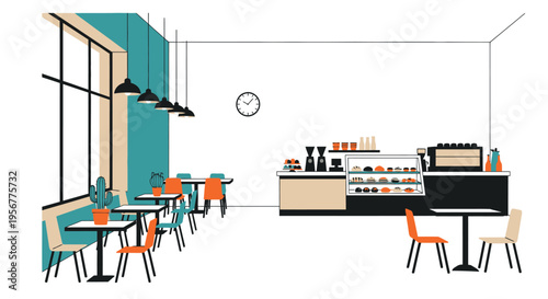 Minimalist illustration of a bright and airy cafe interior scene