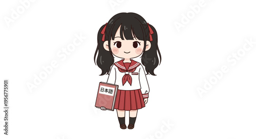 Cute chibi anime girl in Japanese school uniform holding a book, isolated on a white background.