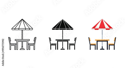 Three variations of an outdoor cafe table and chairs icon set