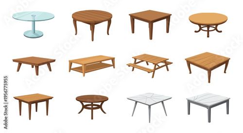 Collection of various wooden and metal tables in a white background