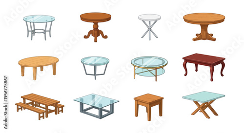 Collection of various cartoon style tables isolated on a white background