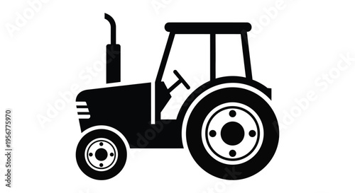 Simple black and white vector graphic illustration of a classic farm tractor side profile design