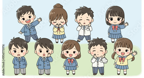 A group of ten cute cartoon Japanese school children, five boys and five girls, in various poses and expressions, wearing school uniforms against a simple background.