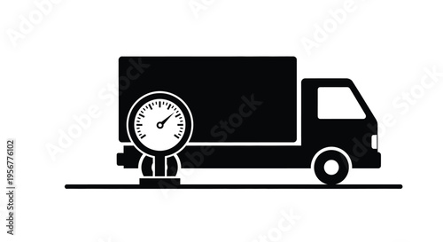 Delivery truck vector illustration with a pressure gauge symbol for cargo weight or vehicle inspection graphic design.