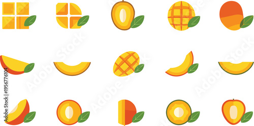 Mango Fruit Icon Set Vector with Slices, Cubes, Whole, and Cut Variations for Tropical Food Design, Healthy Eating Concepts, and Summer Graphics