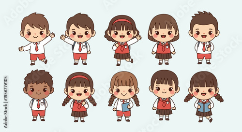 Cute cartoon illustration of diverse school children in uniform, happy and friendly, ready for education.