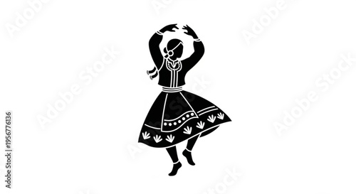 Traditional folk dancer in ornate dress performs with hands raised elegant black and white illustration on plain background