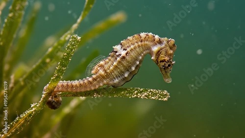 Seahorse clinging to seagrass blade in a healthy marine ecosystem for ocean conservation