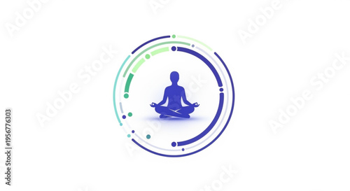 Meditating person in lotus position within a colorful circular gradient frame on white background for mindfulness and relaxation concepts