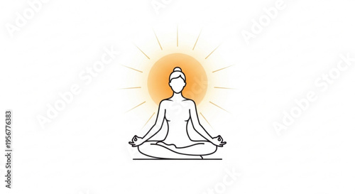 Person meditating in lotus position with glowing sun behind symbolizing inner peace and mindfulness in a serene environment