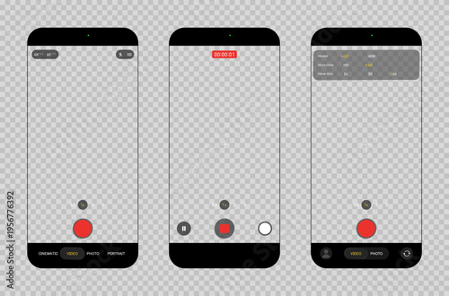 Photorealistic detailed phone video camera mockup template interface isolated on transparent background. 2026 design. Vector illustration