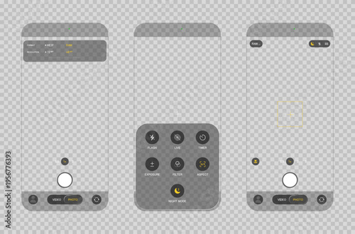 Photorealistic detailed phone photo camera interface mockup isolated on transparent background. 2026 design. Vector illustration