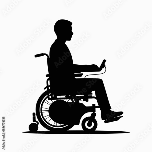 Man in wheelchair using smartphone.