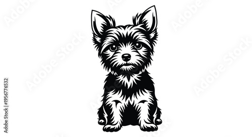 A charming black and white vector illustration of a cute Yorkshire terrier puppy sitting and looking forward.