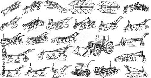 Collection of various agricultural machinery sketches, including different types of plows, cultivators, a tractor, and a seeder, for farming and tillage.