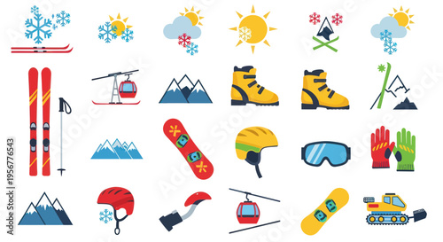 Winter Sports Equipment and Icons: Skiing, Snowboarding, Mountains, Weather