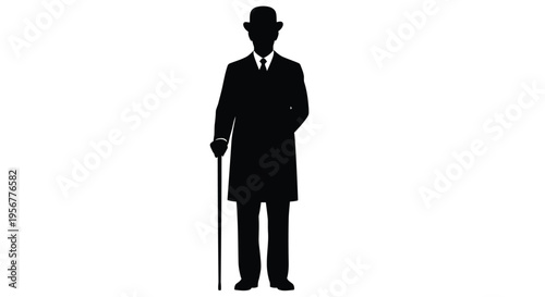 Stylish gentleman vector illustration wearing a bowler hat and holding a walking stick graphic design.