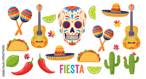 Dia de Muertos Fiesta Elements: Sugar Skull, Guitar, Tacos, Cactus, Sombrero, Maracas