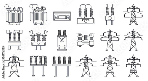 Electrical Power Transmission Equipment Icons: Transformers, Insulators, and Pylons