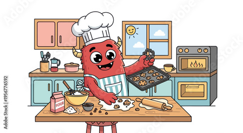Cute monster chef baking cookies in a kitchen, cartoon illustration