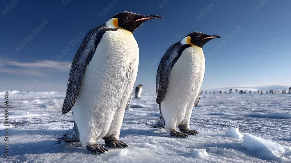 Obraz premium Two emperor penguins stand on icy terrain beneath a clear blue sky with a penguin colony visible in the distance on a sunny day in antarctica.