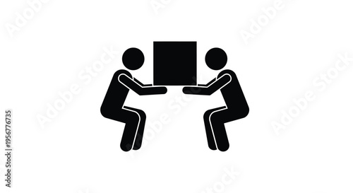 Two stick figure people lifting a heavy box together, demonstrating teamwork and collaboration vector illustration.