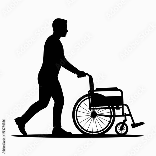 Man pushing a wheelchair silhouette graphic.