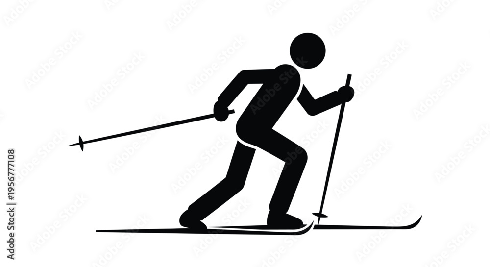 Fototapeta premium Black silhouette vector illustration of a person cross-country skiing with poles on a white background.
