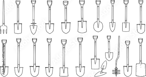 Hand-drawn outline set of various shovels, spades, garden fork, and digging tools for gardening and landscaping tasks