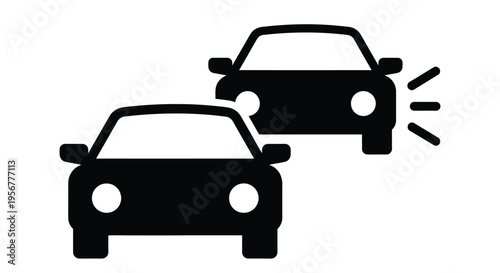Vector graphic illustration showing two black cars, one signaling with lights, depicting a traffic warning design.
