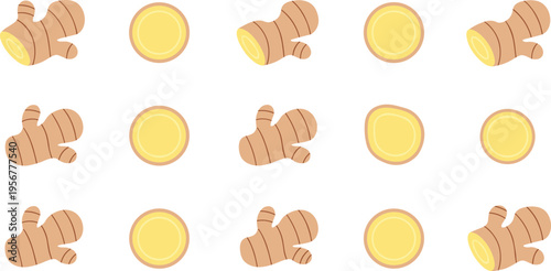 Seamless Ginger Pattern Vector with Whole Roots and Sliced Pieces for Organic Food Packaging, Herbal Products, Kitchen Design, and Natural Background Use