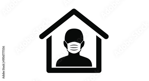 Graphic illustration of a person wearing a protective face mask staying inside home, representing self-isolation for public health.